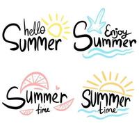 set vettoriale di etichette estive, loghi, tag disegnati a mano ed elementi per vacanze estive, viaggi, vacanze al mare, sole.