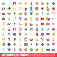 100 set di icone di concerto, stile cartone animato vettore