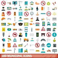 100 icone municipali impostate, stile piatto vettore