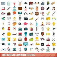 100 set di icone premio film, stile piatto vettore