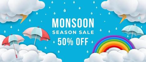 banner di vendita della stagione dei monsoni in stile 3d con arcobaleno, pioggia, ombrelli, nuvole e tuoni vettore