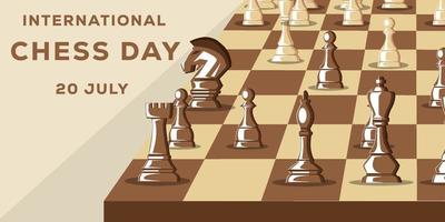 giornata internazionale degli scacchi con scacchiera e pezzi degli scacchi vettore