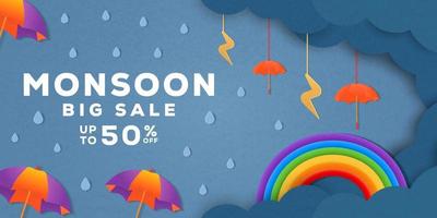 promozione del poster della bandiera di vendita della stagione dei monsoni in carta tagliata art vettore