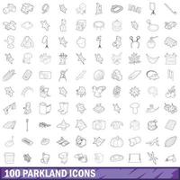100 set di icone del parco, stile del contorno vettore