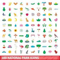 100 set di icone del parco nazionale, stile cartone animato vettore
