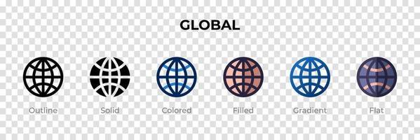 icona globale in stile diverso. icone vettoriali globali progettate in stile contorno, solido, colorato, pieno, sfumato e piatto. simbolo, illustrazione del logo. illustrazione vettoriale