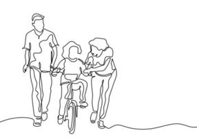 disegno continuo di una linea di condivisione familiare con amore. padre e madre aiutano il loro bambino ad andare in bicicletta. design minimalista.