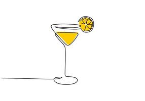 una linea singola continua di cocktail con bicchiere da vino e limone giallo vettore