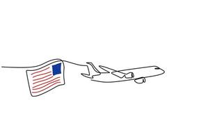 un disegno continuo a linea singola della bandiera e dell'aeroplano degli Stati Uniti vettore