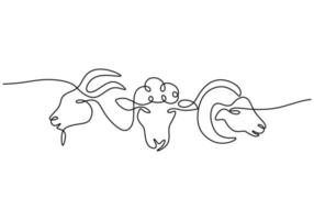 un disegno a mano a linea singola continua di tre teste di capra vettore