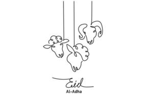 un disegno a linea continua di eid al adha con testa di capra appesa vettore