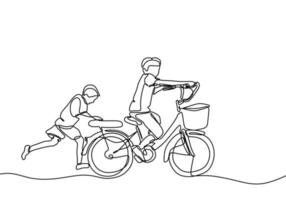 disegno continuo di una linea di bambini che giocano in bicicletta con un amico. tema dell'amicizia e dell'infanzia. atto di gentilezza dell'aiuto del ragazzo vettore