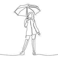 disegno continuo di una linea di donna che tiene l'ombrello. vettore