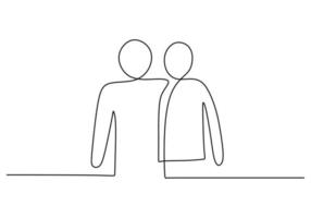 una linea singola continua disegnata a mano con l'abbraccio di due amici vettore