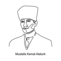 disegno continuo di una linea di mustafa kemal ataturk. feldmaresciallo turco, statista rivoluzionario, autore e fondatore della repubblica turca vettore