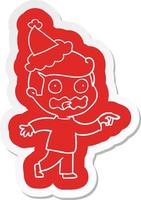 adesivo cartone animato di uno stressato che indica che indossa il cappello di Babbo Natale vettore