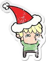 adesivo in difficoltà cartone animato di un uomo curioso che indossa un cappello da Babbo Natale vettore