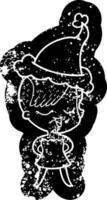 felice cartone animato icona angosciata di una ragazza in abito da cocktail che indossa il cappello di Babbo Natale vettore