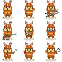 illustrazione vettoriale di cartone animato di coniglio con costume da vigile del fuoco. set di simpatici personaggi di coniglio. raccolta di coniglio divertente isolato su uno sfondo bianco.