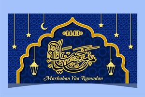 calligrafia islamica araba marhaban ya ramadhan traduzione benvenuto ramadhan. carta da parati islamica e modello di biglietto di auguri banner vettore