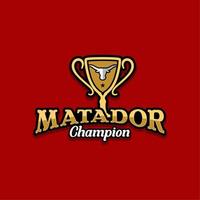 moderno logo matador con trofeo e testa di bufalo per il vincitore del campione matador vettore