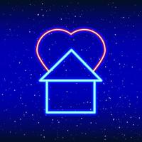 casa della felicità dal cuore al neon. insegna al neon del pianeta retroilluminata. segno di cuore al neon rosso retrò. design romantico per buon San Valentino. pubblicità della luce notturna. industria vettoriale. vettore