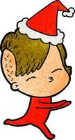 cartone animato strutturato di una ragazza in tutina che indossa il cappello di Babbo Natale vettore
