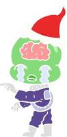 illustrazione a colori piatta di un grande alieno cerebrale che piange e punta con indosso un cappello da Babbo Natale vettore