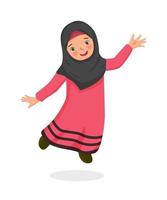 felice carina piccola ragazza musulmana che salta celebrando il ramadhan vettore