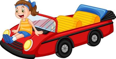una ragazza con un'auto decappottabile rossa d'epoca vettore