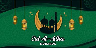 eid al-adha banner design vettoriale con uno sfondo islamico verde e un motivo lunare moschea creativo e moderno