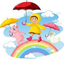 una ragazza che tiene l'ombrello e cammina sull'arcobaleno vettore