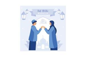 illustrazione di coppia musulmana per i saluti di eid mubarak, felice illustrazione di eid al-fitr per banner o pagina di destinazione del sito Web vettore