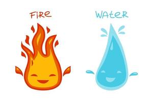 fuoco fiamma e goccia d'acqua simpatico personaggio isolato su uno sfondo bianco. illustrazione del fumetto piatto vettoriale. vettore