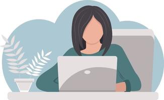 illustrazione vettoriale di una donna che lavora su un laptop su sfondo blu