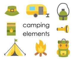 set di elementi da campeggio piatti per la creazione di loghi, carte e poster. vettore