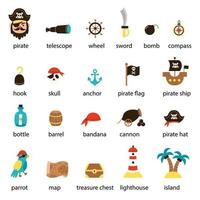 set di elementi dei pirati dei cartoni animati con nomi. vettore