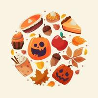 caccia alla zucca e raccolta di mele per il layout creativo dell'icona disegnata a mano di halloween vettore