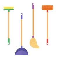 un set di prodotti per la pulizia. scopa, mocio, paletta. lavori domestici, servizi di pulizia, pulizie, concetto. illustrazione vettoriale. vettore