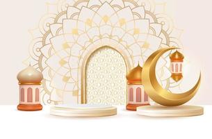 Modello di banner vacanza islamica moderna bianca 3d. composizione di una lanterna d'oro e di una falce di luna vettore