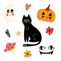 set vettoriale per halloween con un gatto nero, una zucca e un fantasma in uno stile cartone animato piatto su sfondo bianco. illustrazioni per le vacanze, t-shirt, confezioni regalo, cartoline, striscioni