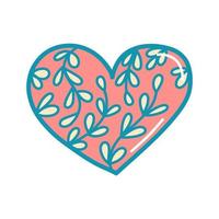 cuore rosa vettoriale con ramoscelli in stile doodle, stile anni '80, San Valentino, elemento isolato su sfondo bianco. illustrazione romantica per cartoline, poster, adesivi, stampa su vestiti.