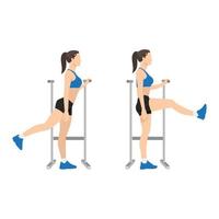 donna che fa esercizio di oscillazioni dell'anca della gamba in avanti. illustrazione vettoriale piatta isolata su sfondo bianco