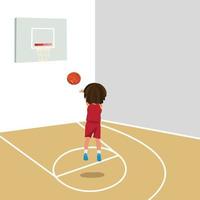 vettore stabilito del bambino del giocatore di basket. pose. guida la palla. competizione di giochi sportivi. sport. illustrazione di cartone animato piatto isolato