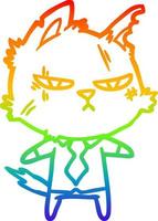 linea sfumata arcobaleno che disegna un gatto cartone animato duro in camicia e cravatta vettore