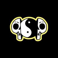 due metà della testa di scheletro con il simbolo yin yang all'interno, illustrazione per t-shirt, abbigliamento da strada, adesivi o articoli di abbigliamento. con stile doodle, retrò e cartone animato. vettore