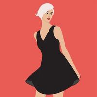 bella ragazza con i capelli bianchi. la giovane donna in vestito nero sta posando. cocktail, party, moda, stile e bellezza. illustrazione moderna alla moda. vettore