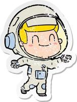 adesivo angosciato di un uomo astronauta cartone animato felice vettore