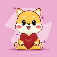 adorabile carino shiba inu con illustrazione dell'icona di vettore del fumetto a forma di cuore. concetto di icona della natura animale isolato vettore premium. stile cartone animato piatto