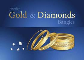 braccialetti in oro lucido e diamanti su sfondo blu braccialetto di moda a mano d'oro gioielli di lusso braccialetto da sposa vettore